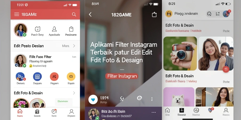 Tampilan antarmuka aplikasi 182GAME dengan berbagai filter Instagram.
