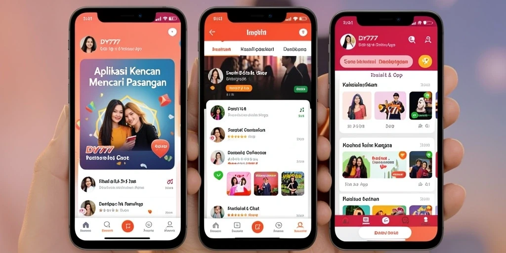 Antarmuka DY777 menampilkan fitur chatting dan pencarian pasangan yang menarik.