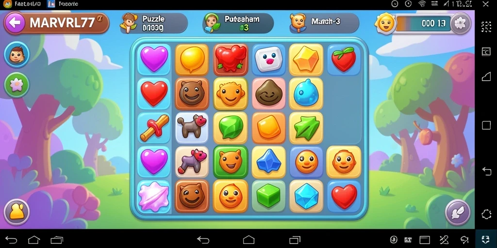 Antarmuka menarik game Puzzle Match-3 MARVRL77 yang penuh warna.