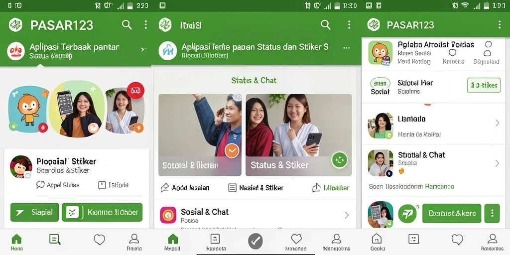 Screenshot aplikasi PASAR123 menampilkan berbagai stiker kreatif dan antarmuka yang intuitif.