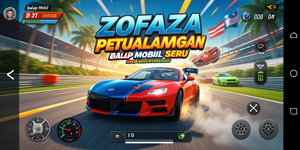 Screenshot antarmuka ZOFAZA menampilkan balapan mobil yang seru.